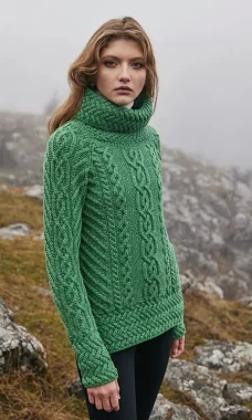 A20297-Funnel-Neck-Cable-Knit-Irish-Sweater-Lifestyle-in_GREEN-Colour-Gaelsong